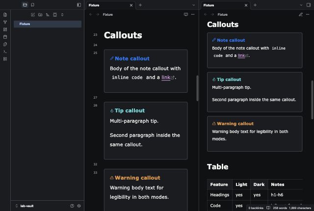 Grandview in Obsidian, dark mode, callouts and table.