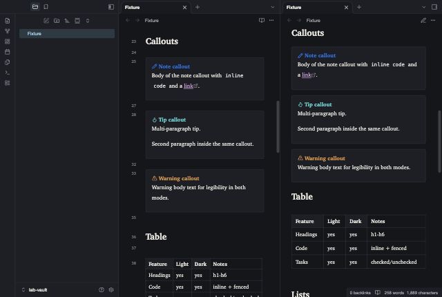 Polyglot in Obsidian, dark mode, callouts and table.