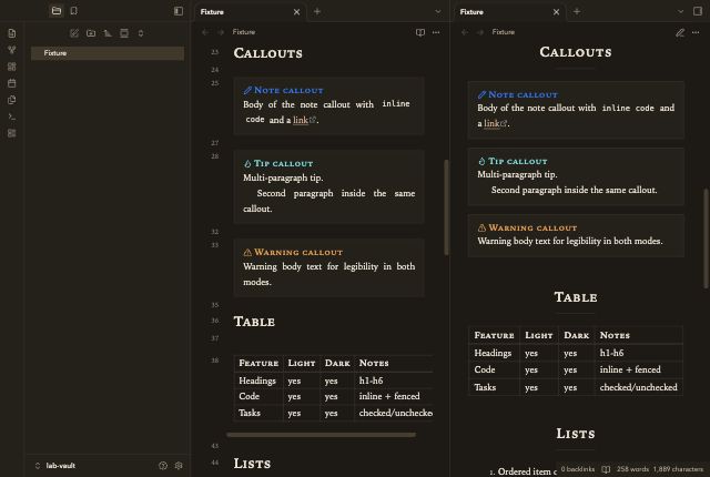 Quarto Reading in Obsidian, dark mode, callouts and table.