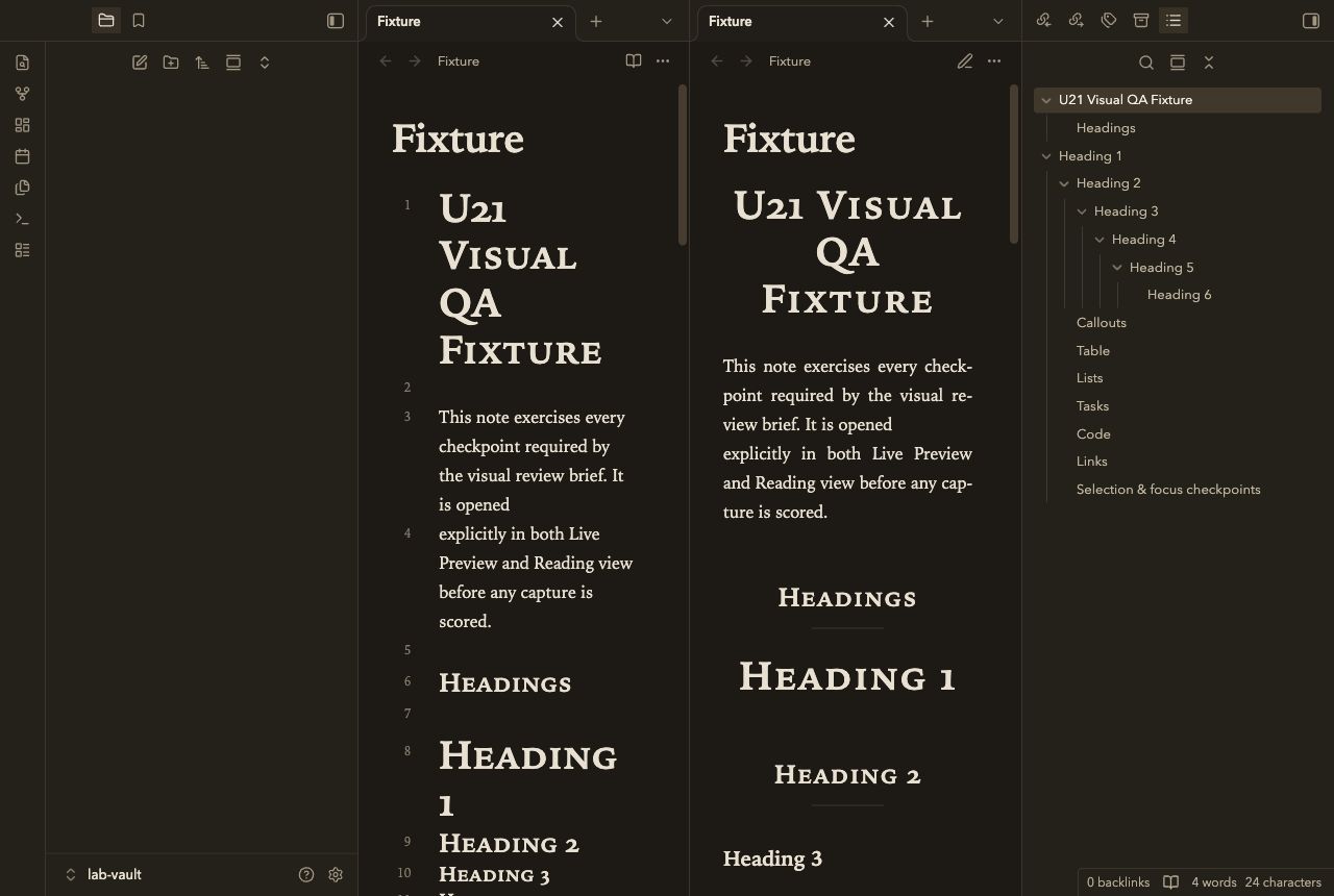 Quarto Reading in Obsidian, dark mode, workspace.