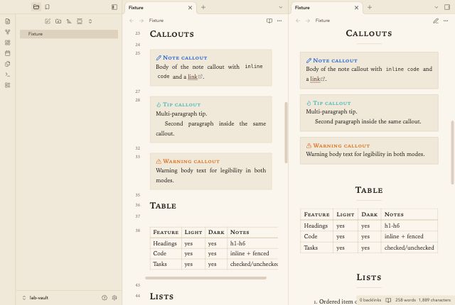 Quarto Reading in Obsidian, light mode, callouts and table.
