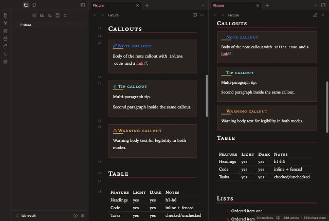 Red Pen in Obsidian, dark mode, callouts and table.
