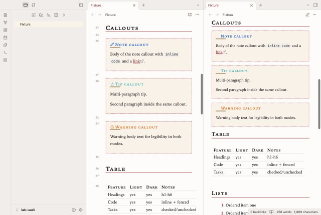 Red Pen in Obsidian, light mode, callouts and table.