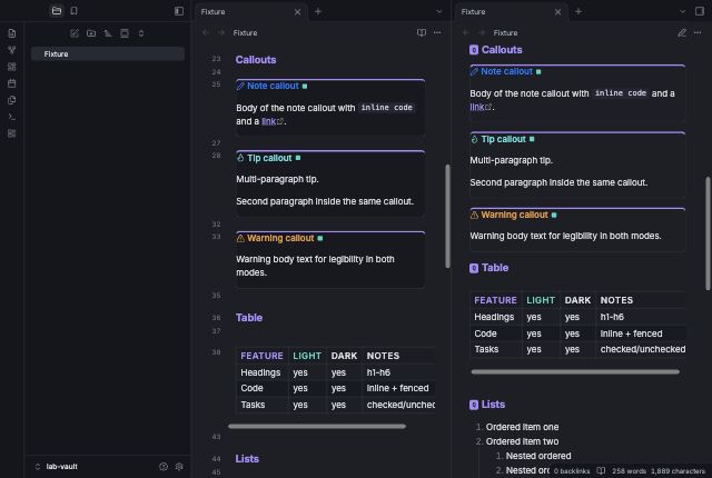 Revision Cards in Obsidian, dark mode, callouts and table.