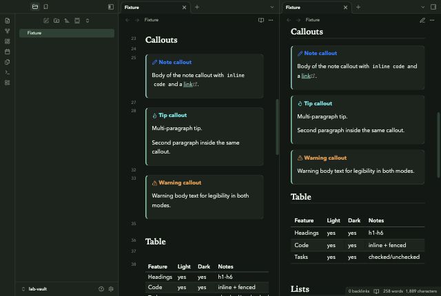 Rhizome in Obsidian, dark mode, callouts and table.
