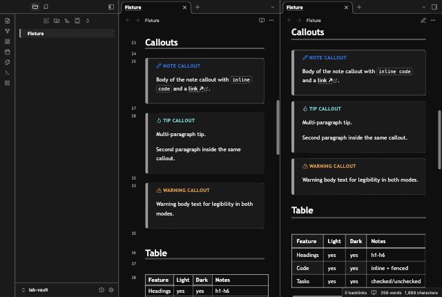 Shape First in Obsidian, dark mode, callouts and table.