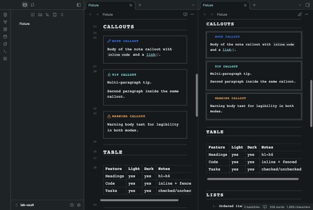 Slugline Notes in Obsidian, dark mode, callouts and table.