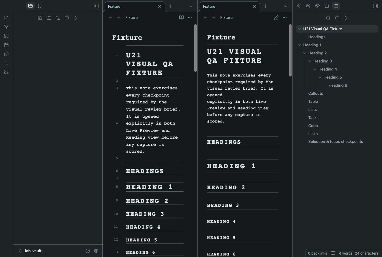 Slugline Notes in Obsidian, dark mode, workspace.