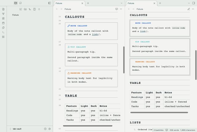 Slugline Notes in Obsidian, light mode, callouts and table.