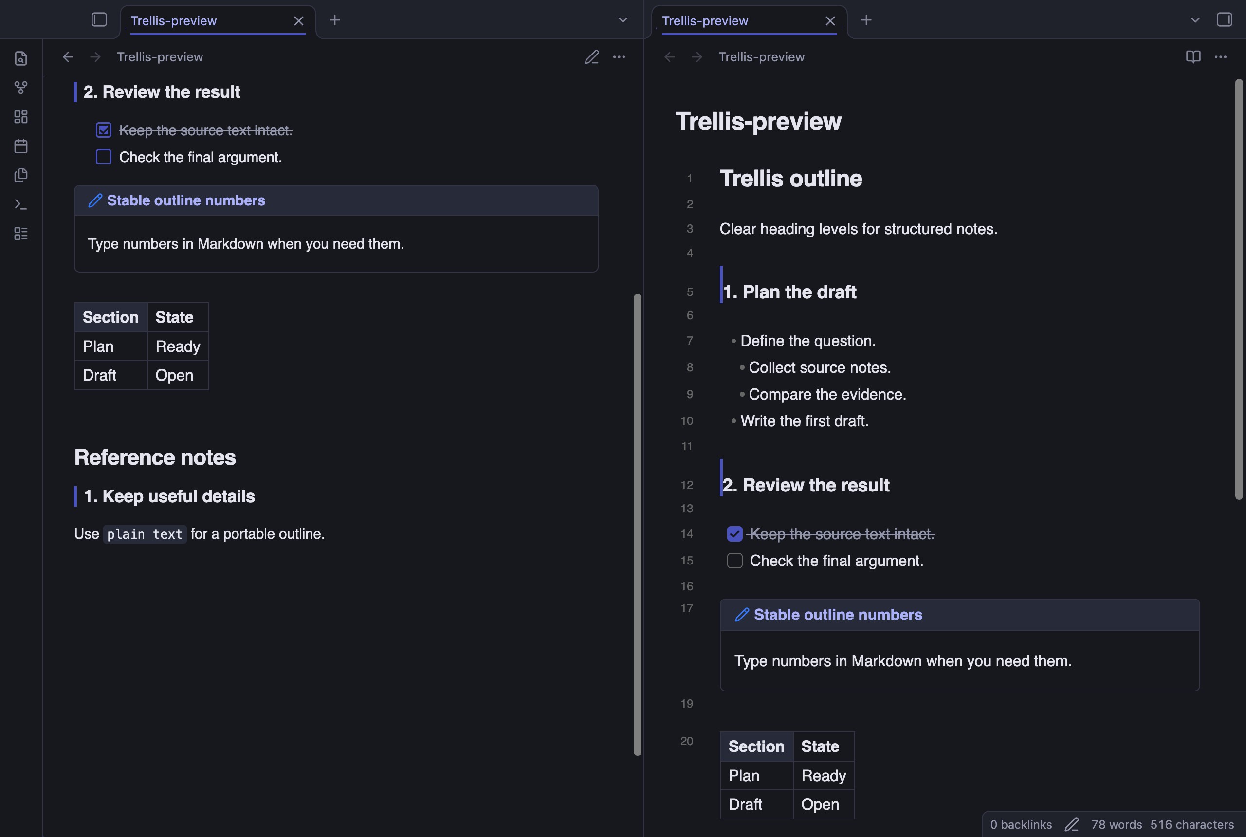 Trellis in Obsidian, dark mode, callouts and table.