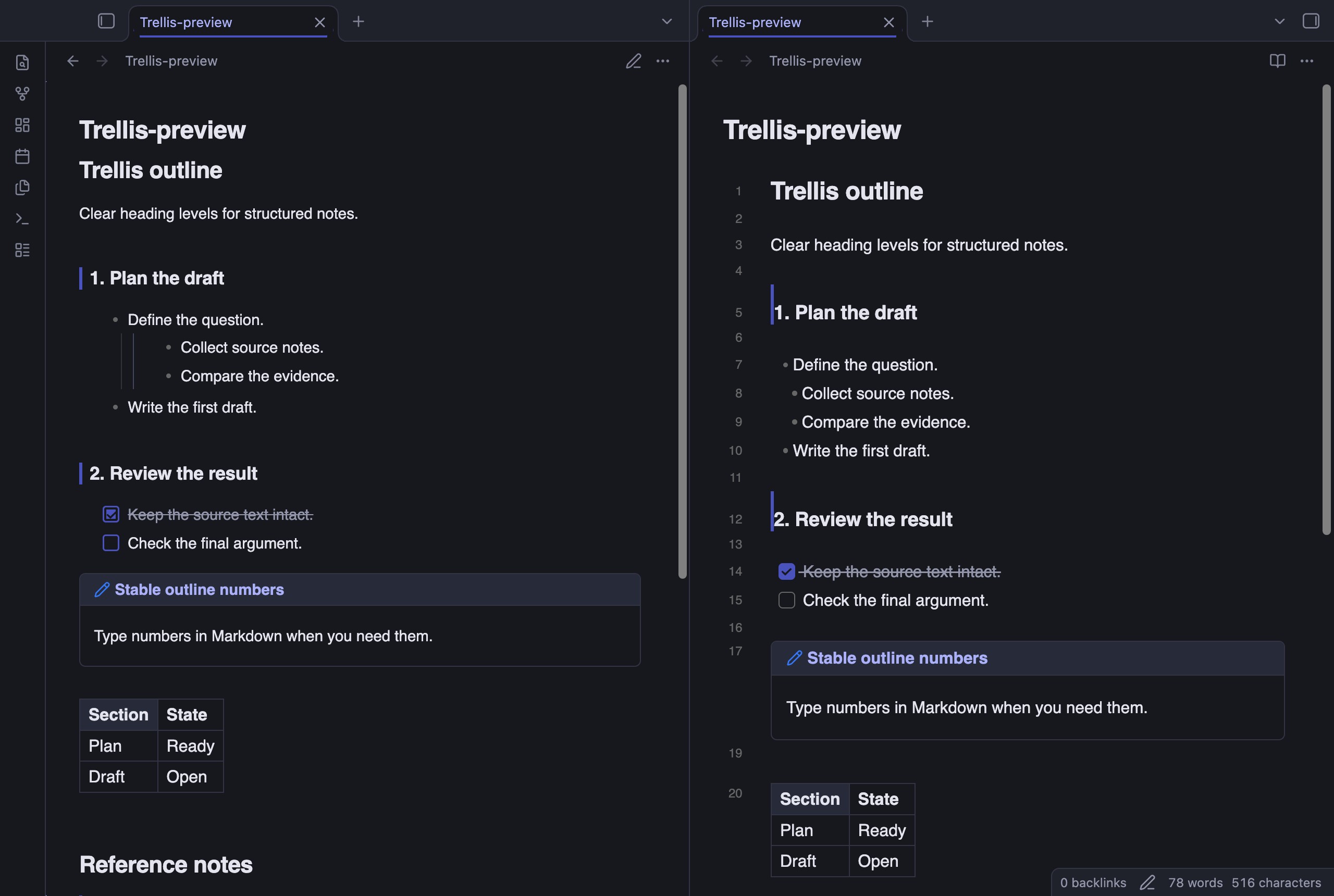 Trellis in Obsidian, dark mode, workspace.