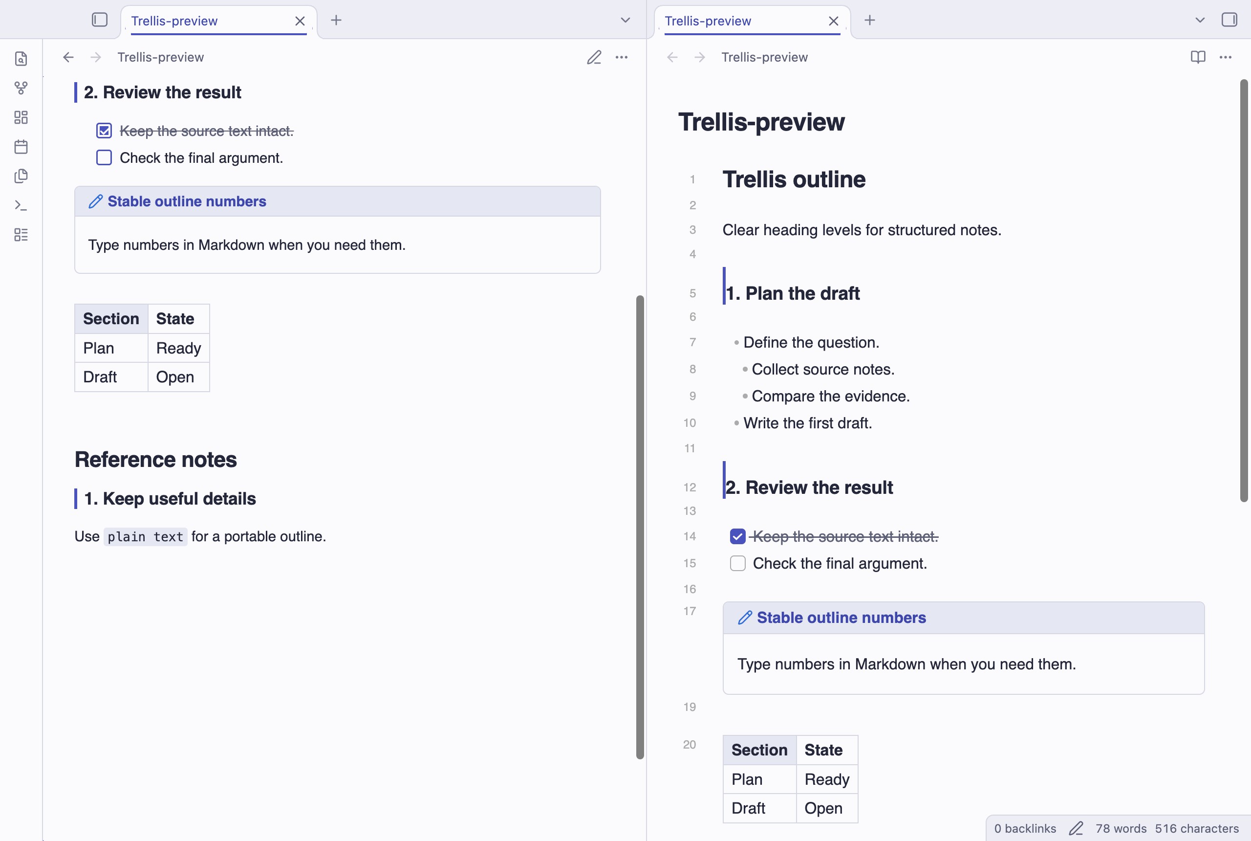 Trellis in Obsidian, light mode, callouts and table.