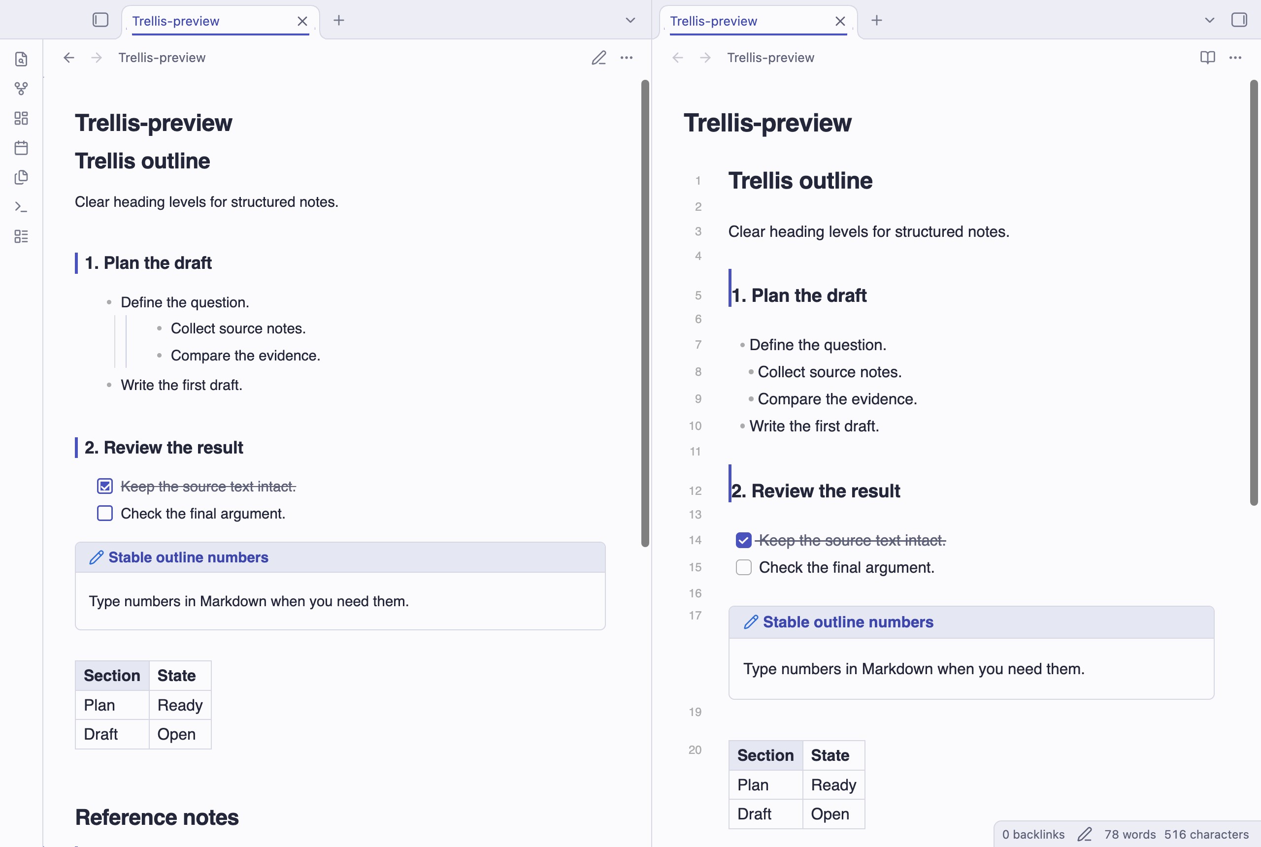 Trellis in Obsidian, light mode, workspace.