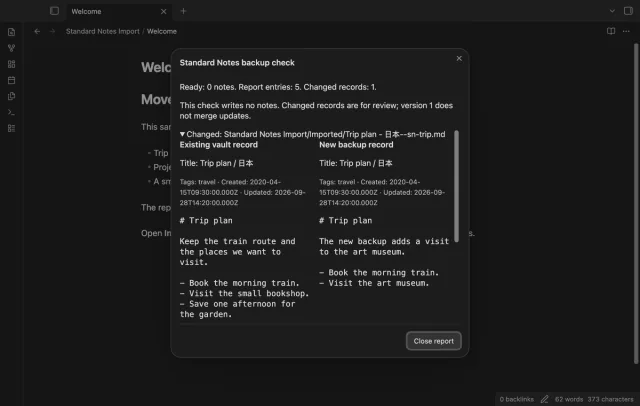 An expanded changed record shows existing vault text beside incoming backup text.