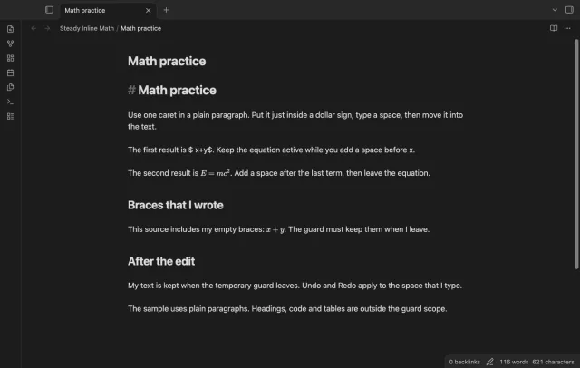 The math practice paragraph remains after the caret leaves its equation.