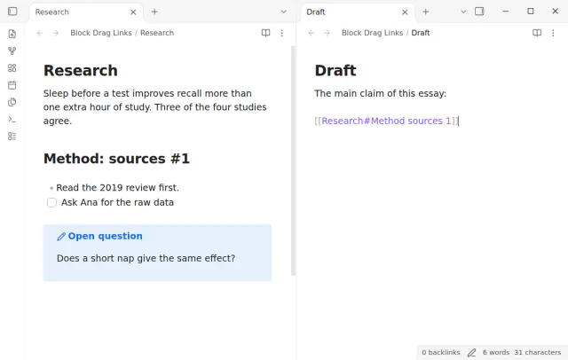 A heading of the research note dropped into the draft as a heading link.