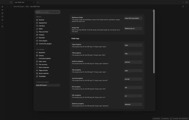 The settings with the reference folder, the output file and the eight property keys.