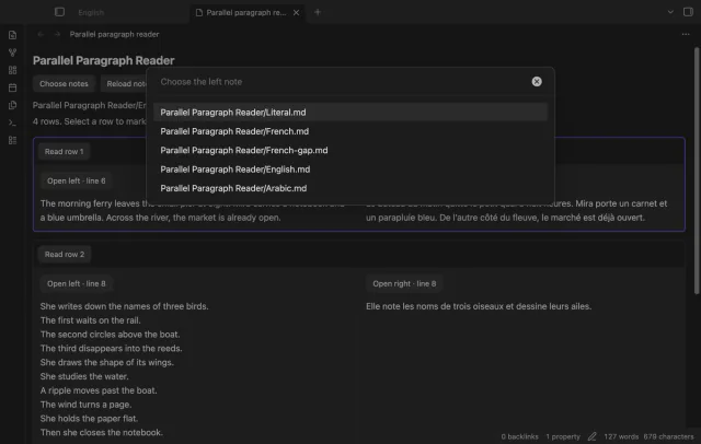 A note picker lists Markdown paths for the left side of the reader.