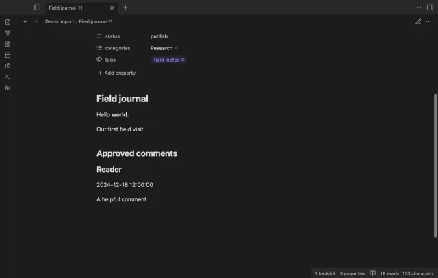 An imported note includes body text and an approved comment.