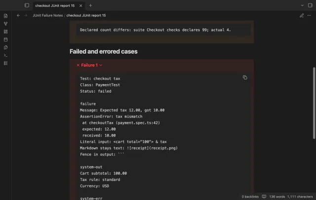 An open failure callout shows the test name, assertion message and literal output.