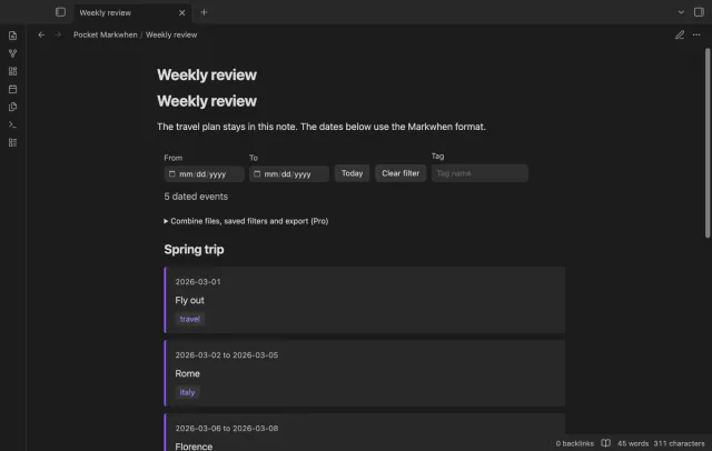 An mw timeline in a weekly review note.