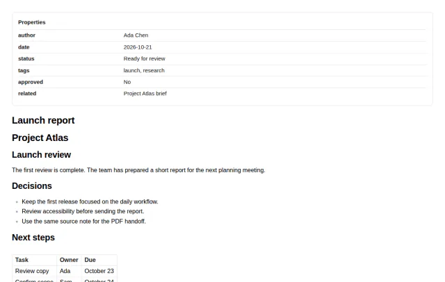 The core PDF print preview shows a formatted properties header above the note.