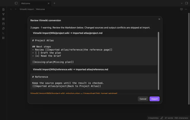 Two converted notes with headings, tasks and links, plus an unresolved target.