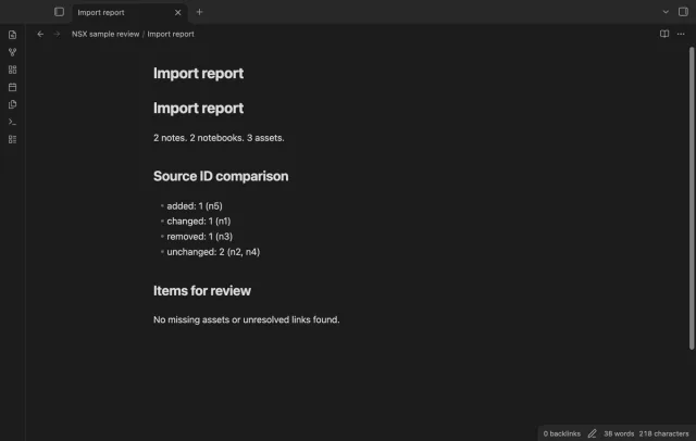 A review report groups source notes by comparison state.