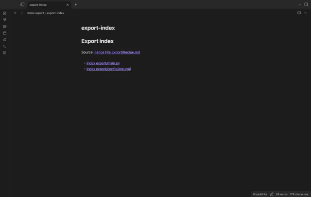The exported index links to the source note and two output files.