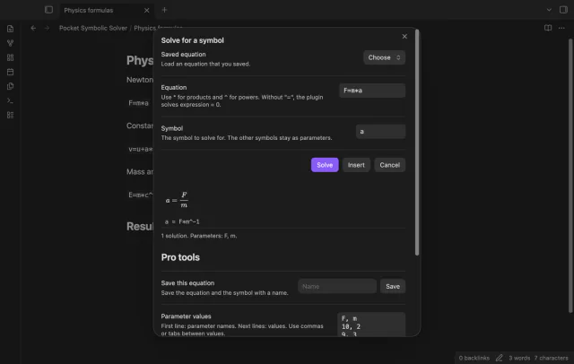 The Pro tools in the solve modal, with a table of F and m values for a = F over m.