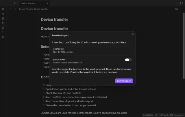 The import preview shows a new sample ID beside an unticked conflicting ID.