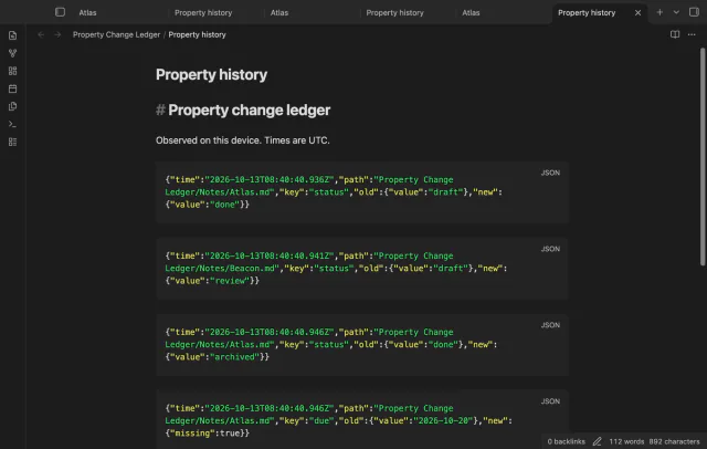 Local Markdown ledger with dated JSON change records.