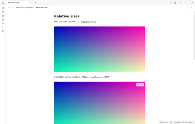 Live Preview without the plugin shows images with relative sizes that all fill the text column.