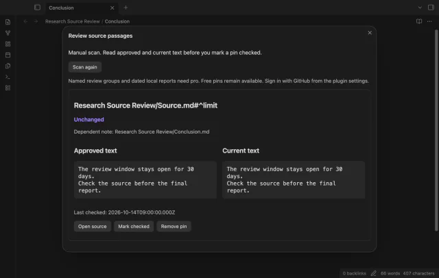 An unchanged source passage matches the saved approved text.