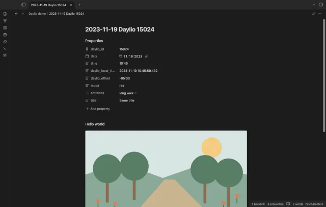 An imported Daylio entry shows mood and activity properties above a photo.