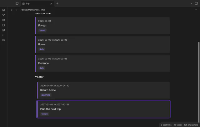 The Obsidian window shows the next trip highlighted after Today.
