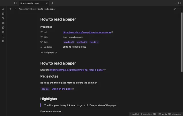 An imported page note with properties, a source link and a highlight.