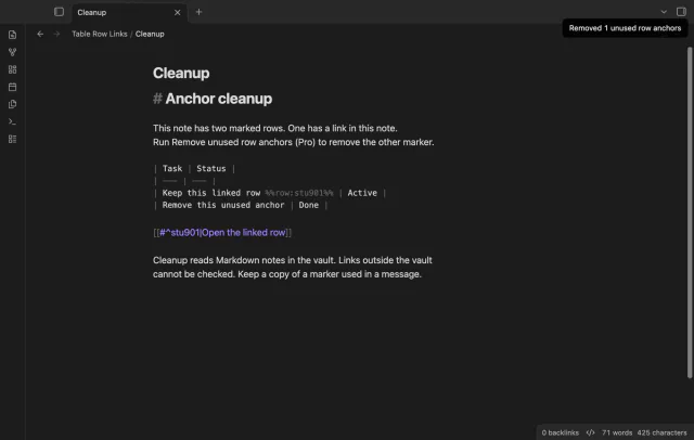 The cleanup note keeps a referenced marker and removes an unused marker.