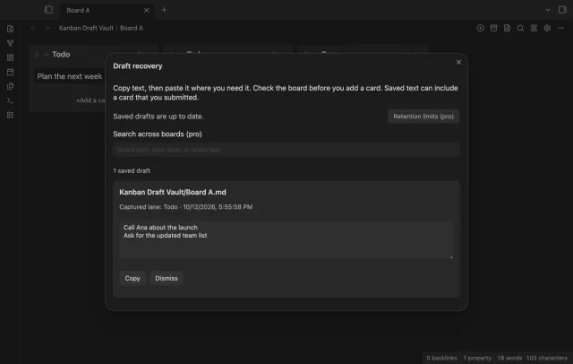 Saved draft text with its board path, lane label and Copy button.