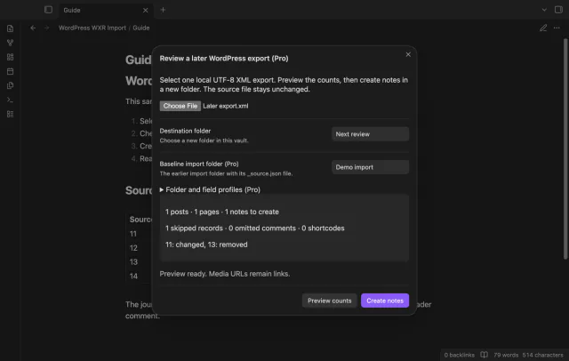 A later export preview groups changed and removed source IDs.