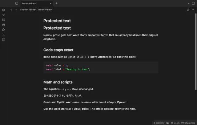 Word starts in prose appear beside unchanged code, math and existing bold text.