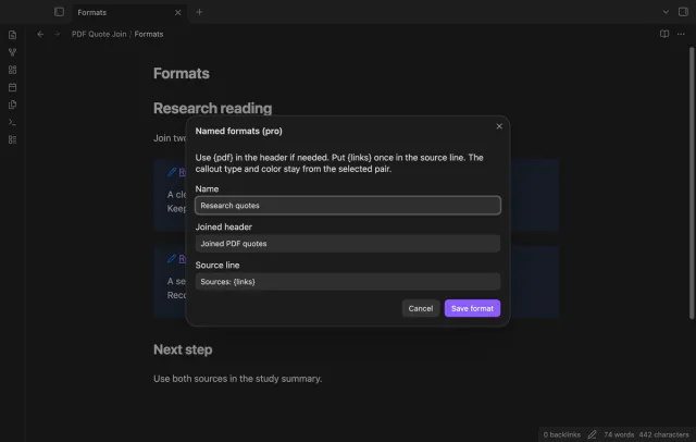 The named format editor shows a header and source line template.