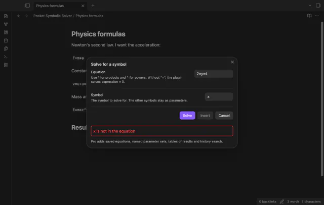 The modal shows the error x is not in the equation for 2*y=4, and the Insert button is off.