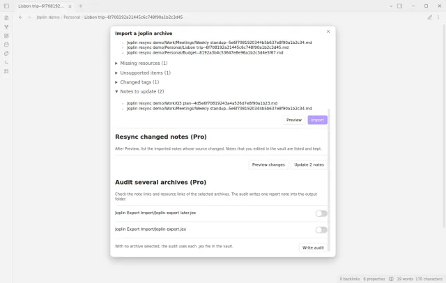 The Pro resync list of changed notes from a later archive