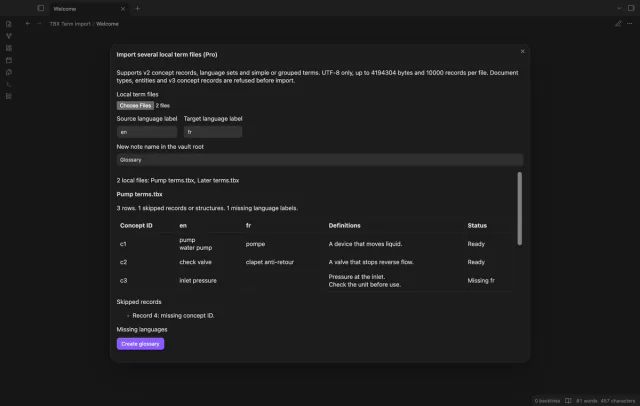 Two selected files have separate import previews in the batch modal.