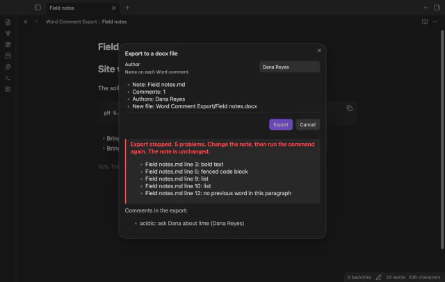 The preview lists unsupported formatting and a comment without an anchor word.