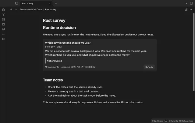 A sample GitHub discussion card appears above project notes in Reading view.