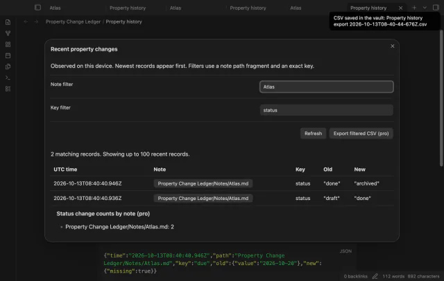 CSV export confirmation beside filtered sample records.