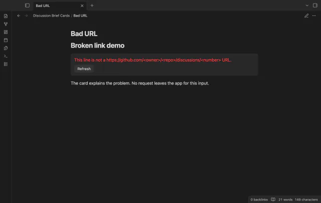 An invalid discussion URL produces a message beside the note text.