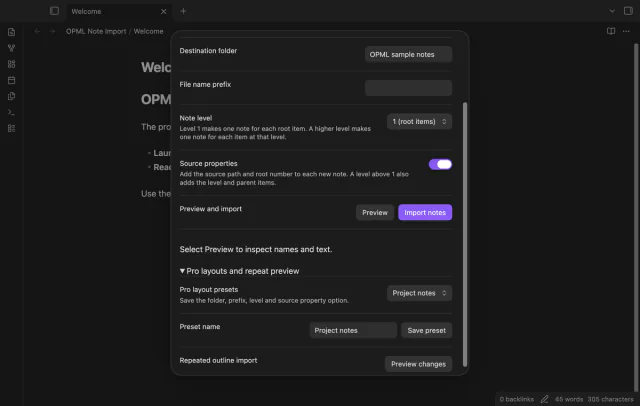The Pro layout controls show a named Project notes preset.